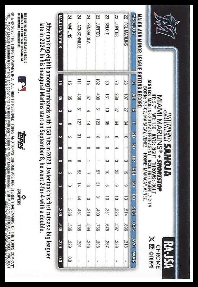 2025 Topps Chrome #RA-JSA Javier Sanoja Rookie Autographs Green Refractors #/99