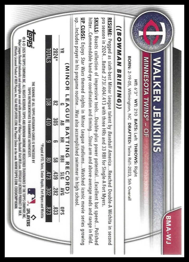 2025 Bowman Chrome #BMA-WJ Walker Jenkins Prospect Autographs Green Mojo #/99