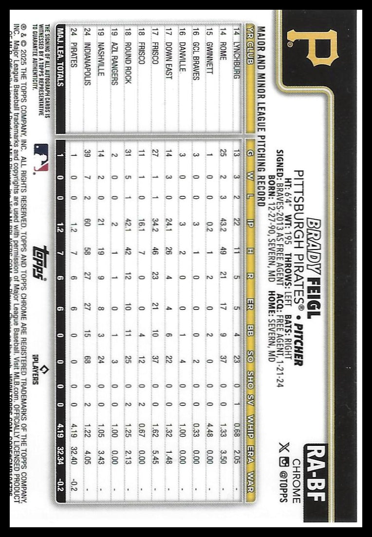 2025 Topps Chrome #RA-BF Brady Feigl Rookie Autographs