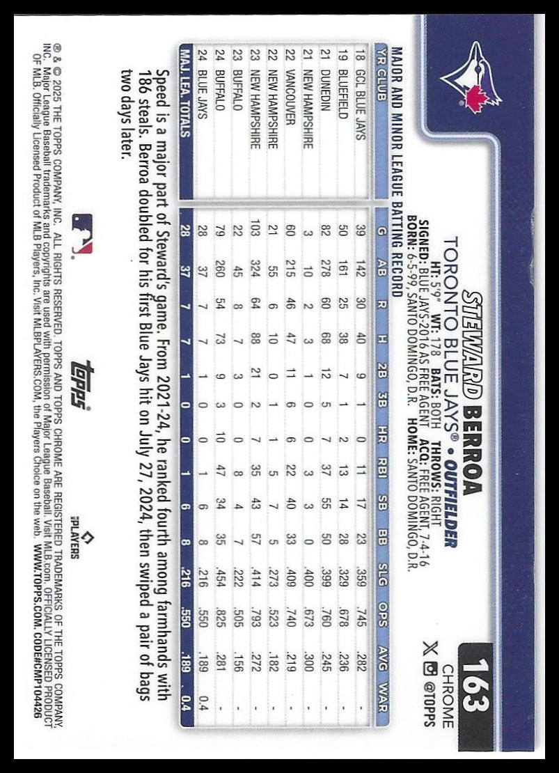 2025 Topps Chrome #163 Steward Berroa Orange Lava Refractors #/25