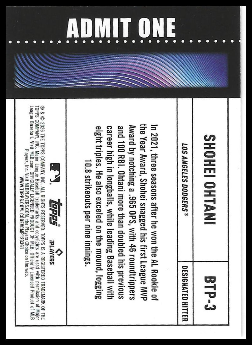 2026 Topps #BTP-3 Shohei Ohtani Big Ticket Players