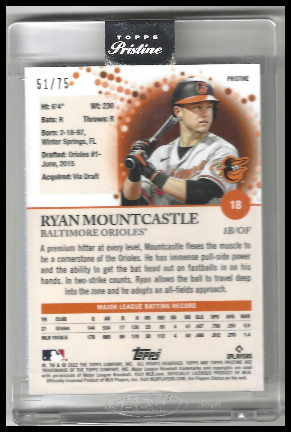 2022 Topps Pristine #18 Ryan Mountcastle Pristine Blue Refractor #/75