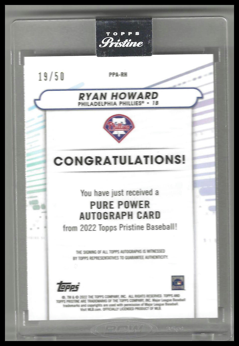 2022 Topps Pristine #PPA-RH Ryan Howard Autographs Gold Refractor #/50