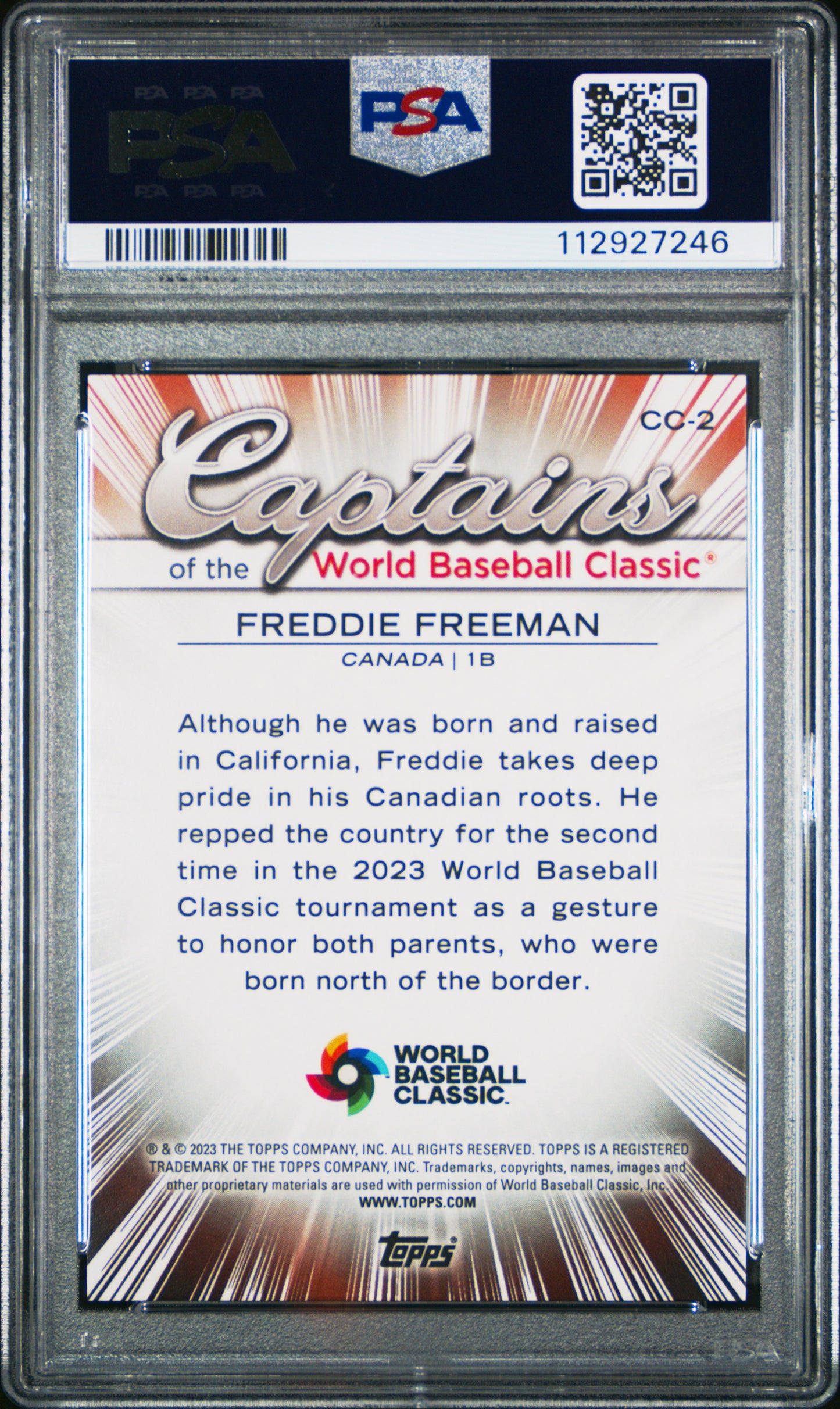 2023 Topps World Baseball Classic #CC-2 Freddie Freeman Gold Rainbow PSA 10 #/50