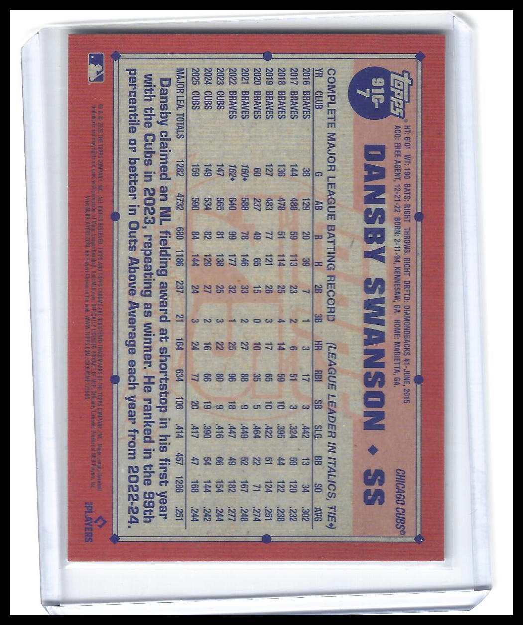 2026 Topps #91C-7 Dansby Swanson 1991 Topps 35th Anniversary Chrome