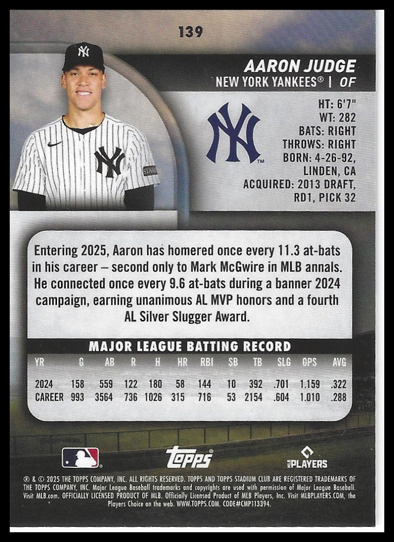 2025 Stadium Club #139 Aaron Judge