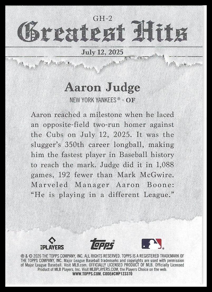 2026 Topps #GH-2 Aaron Judge 2025 Greatest Hits