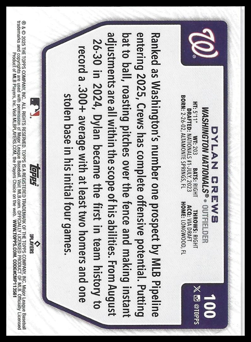 2025 Topps #100 Dylan Crews Flagship Collection (Series Two)