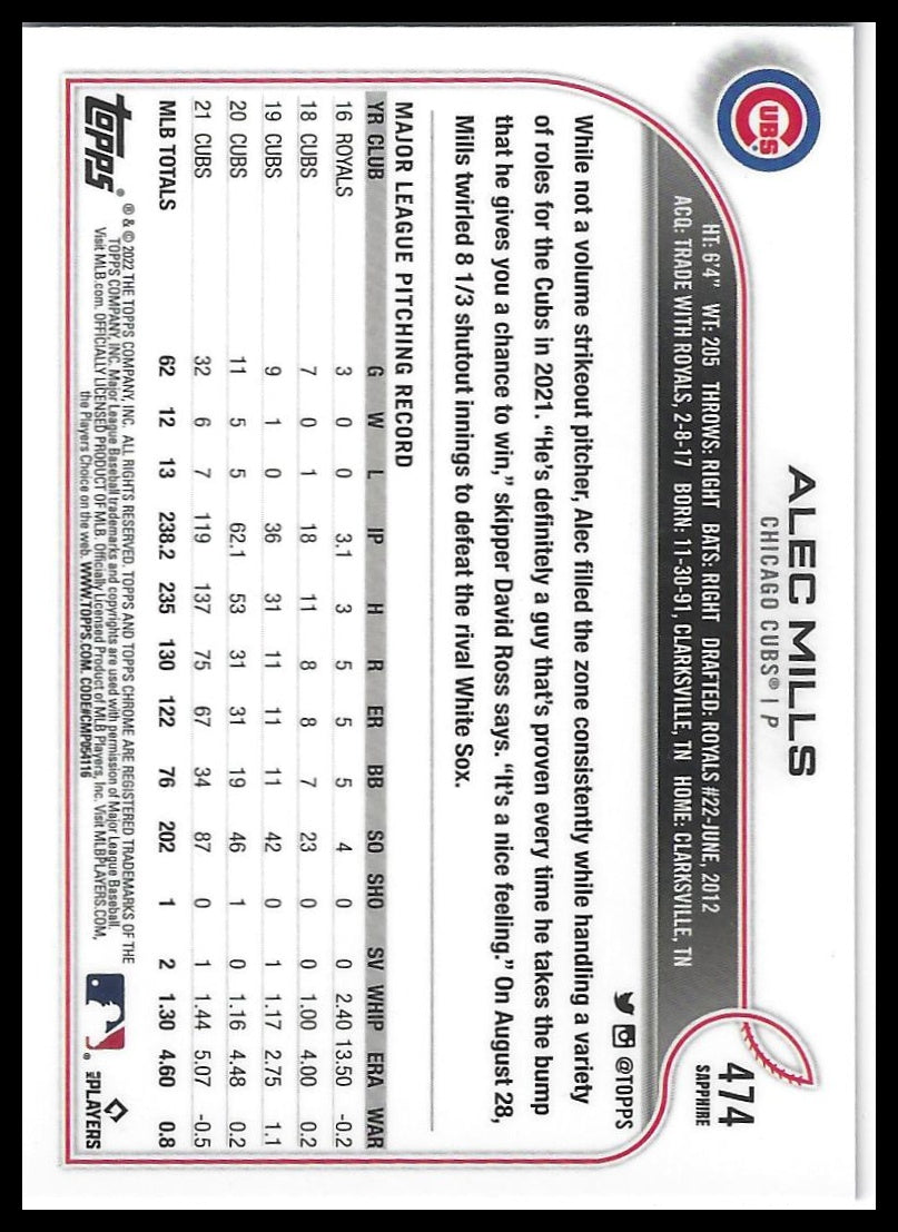 2022 Topps Chrome Sapphire Edition #474 Alec Mills