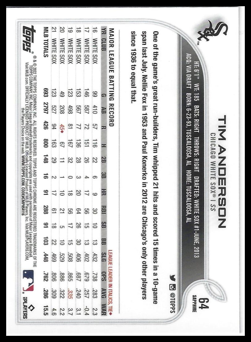 2022 Topps Chrome Sapphire Edition #64 Tim Anderson