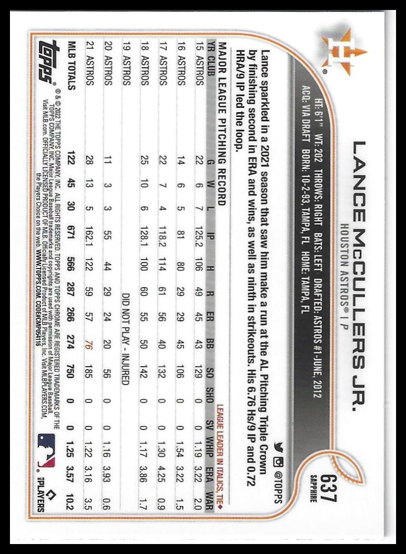 2022 Topps Chrome Sapphire Edition #637 Lance McCullers Jr.