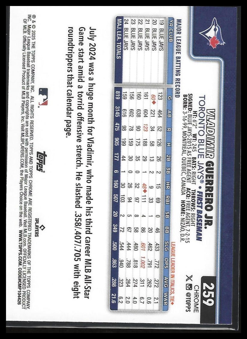 2025 Topps Chrome #259 Vladimir Guerrero Jr. Raywave Refractors