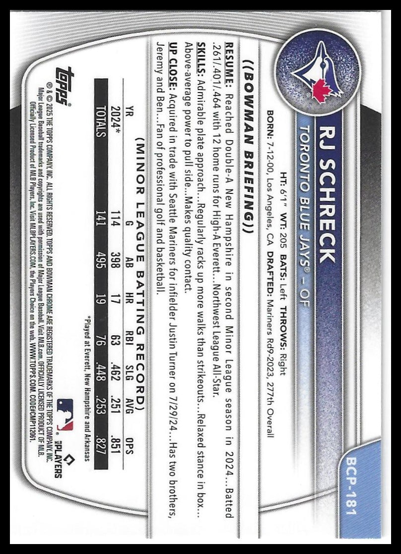 2025 Bowman Chrome #BCP-181 RJ Schreck Prospects Laser
