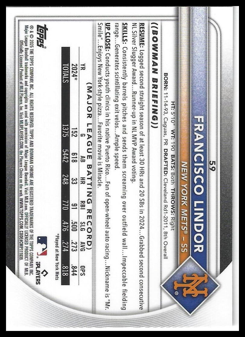 2025 Bowman Chrome #59 Francisco Lindor Mojo Refractors