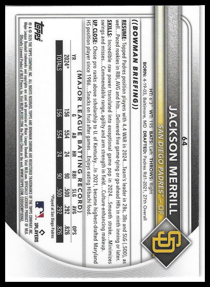 2025 Bowman #64 Jackson Merrill Chrome Mojo Refractor