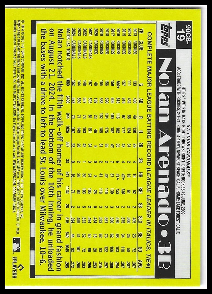 2025 Topps Chrome #90CB-19 Nolan Arenado 1990 Topps Baseball 35th Anniversary