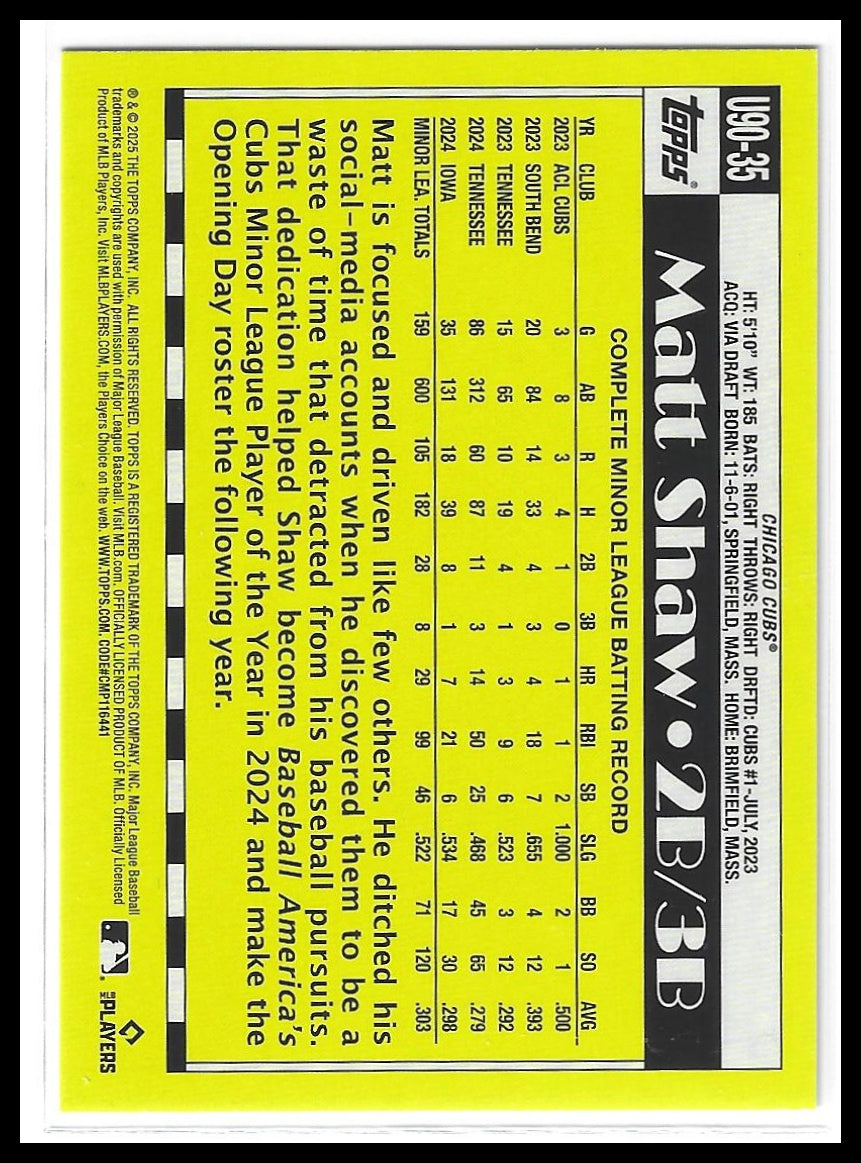 2025 Topps Update #U90-35 Matt Shaw 1990 Topps Baseball 35th Anniversary