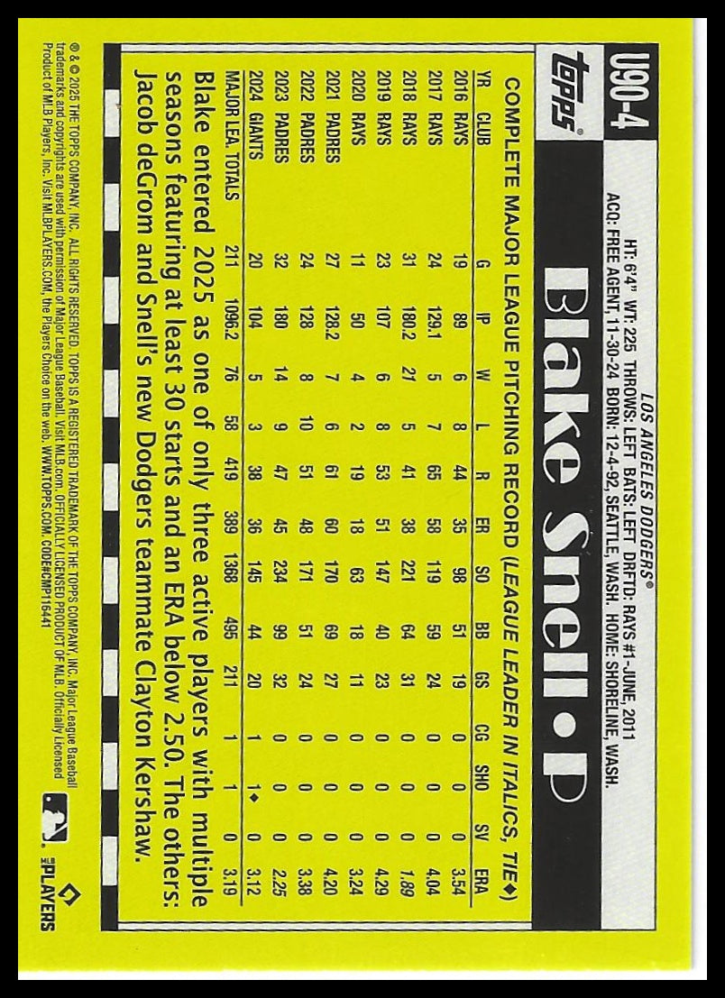 2025 Topps Update #U90-4 Blake Snell 1990 Topps Baseball 35th Anniversary