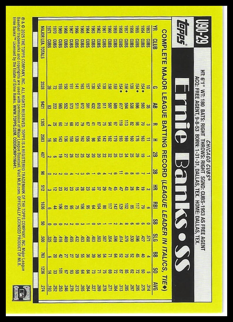 2025 Topps Update #U90-29 Ernie Banks 1990 Topps Baseball 35th Anniversary