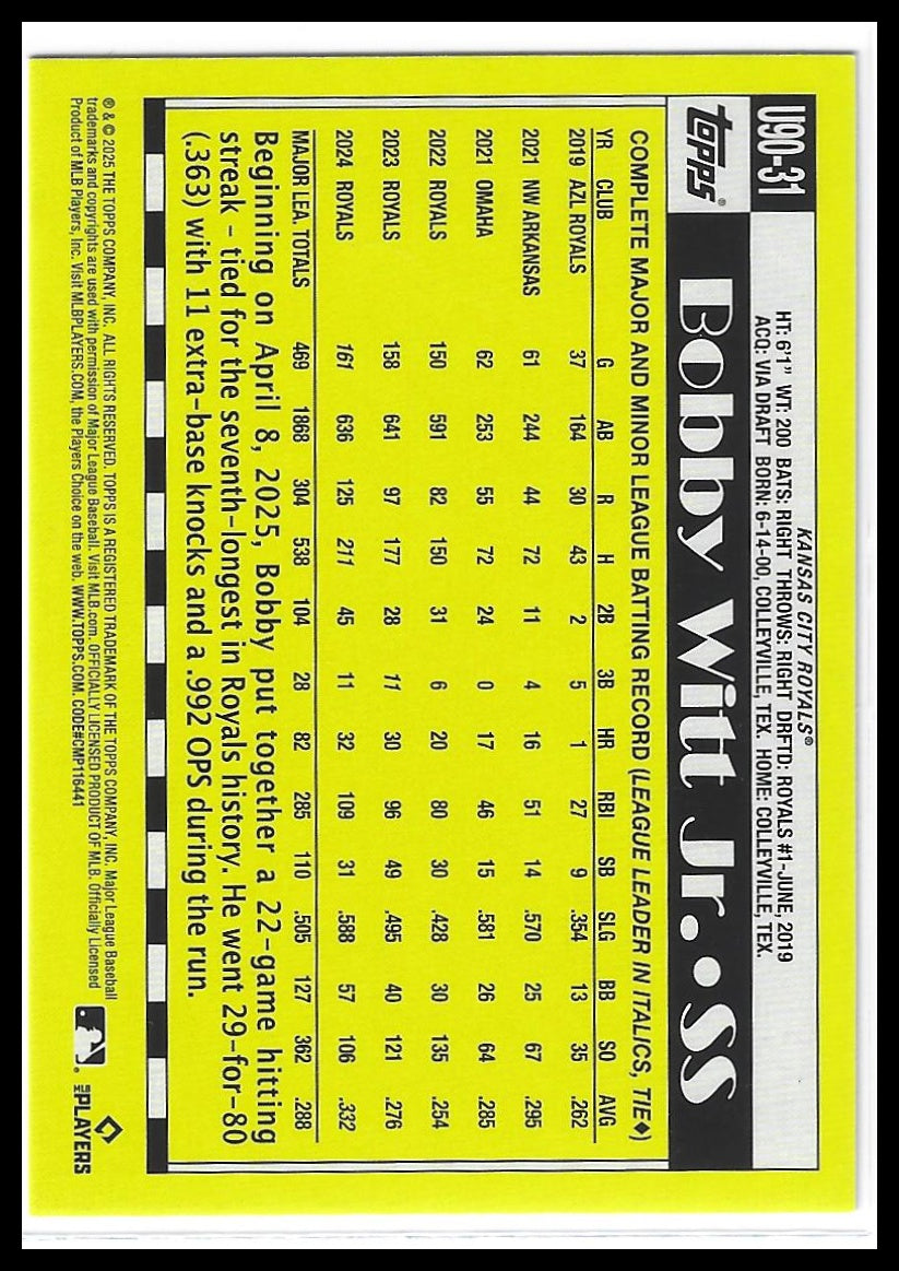 2025 Topps Update #U90-31 Bobby Witt Jr. 1990 Topps Baseball 35th Anniversary