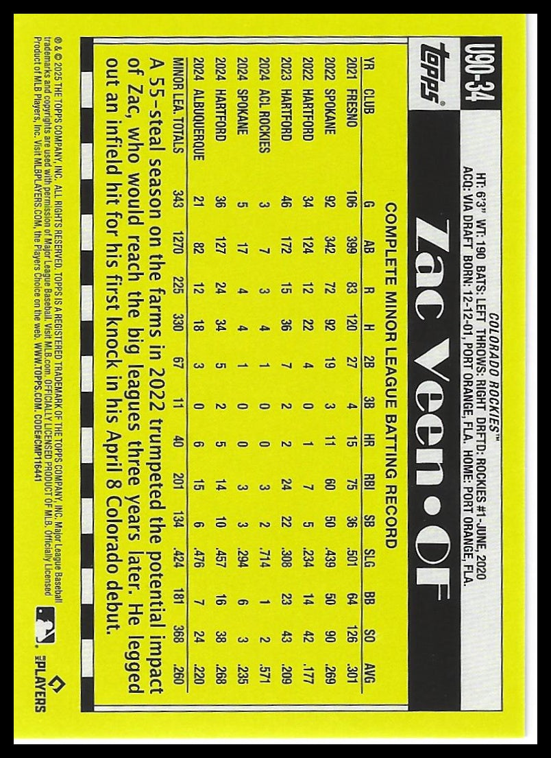 2025 Topps Update #U90-34 Zac Veen 1990 Topps Baseball 35th Anniversary