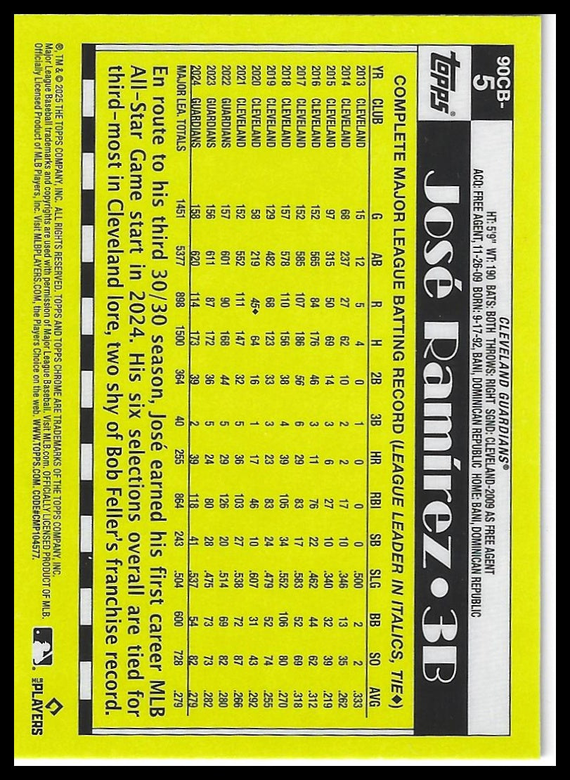 2025 Topps Chrome #90CB-5 Jose Ramirez 1990 Topps Baseball 35th Anniversary
