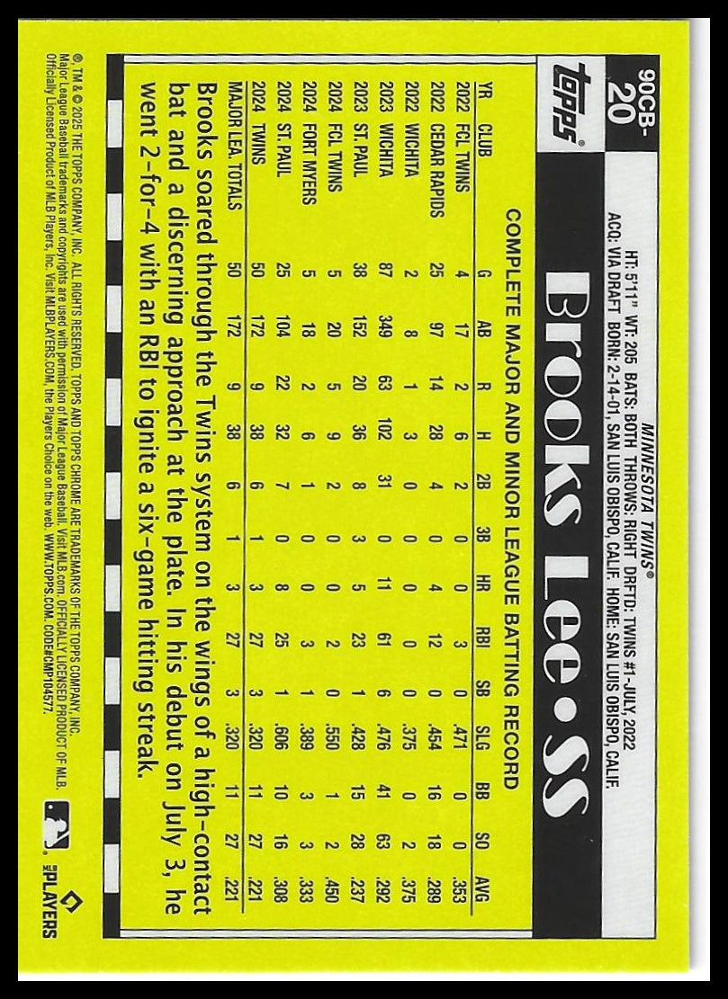2025 Topps Chrome #90CB-20 Brooks Lee 1990 Topps Baseball 35th Anniversary