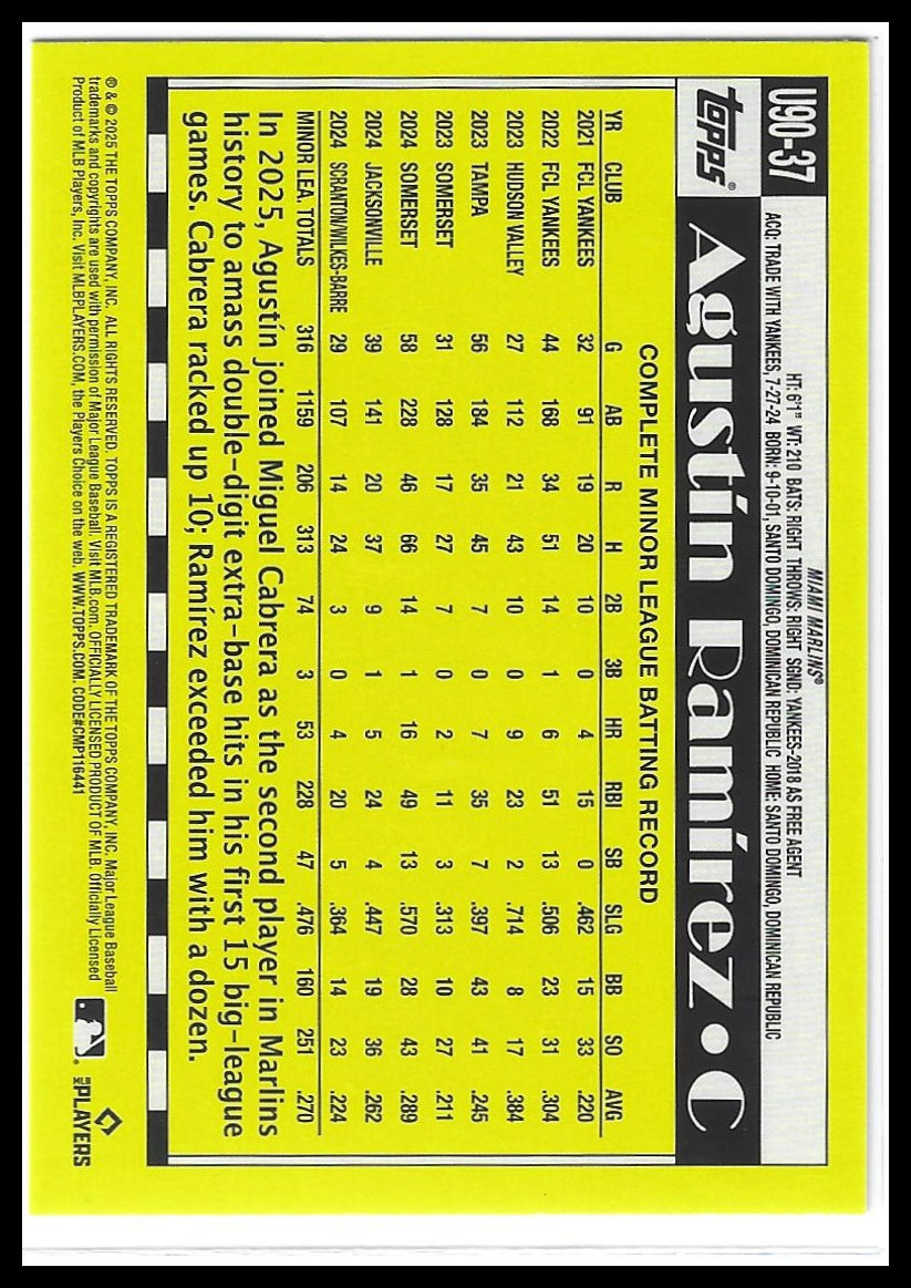 2025 Topps Update #U90-37 Agustín Ramírez 1990 Topps Baseball 35th Anniversary