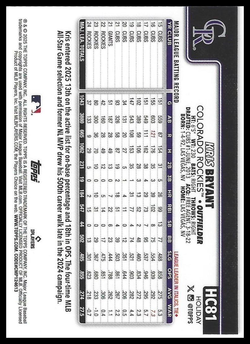 2025 Topps Holiday #HC81 Kris Bryant Chrome Green Sparkle Refractors #/99