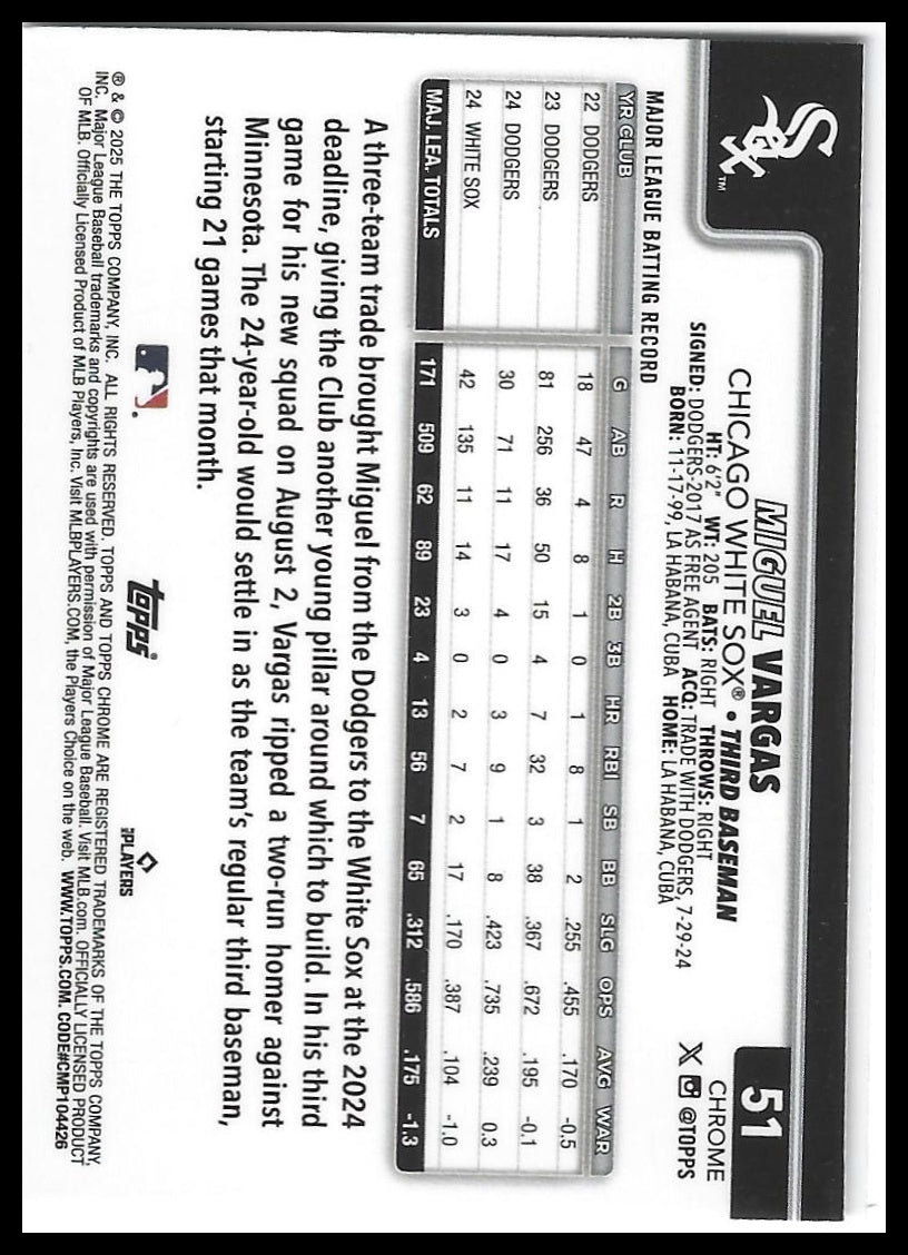 2025 Topps Chrome #51 Miguel Vargas Prism Refractors