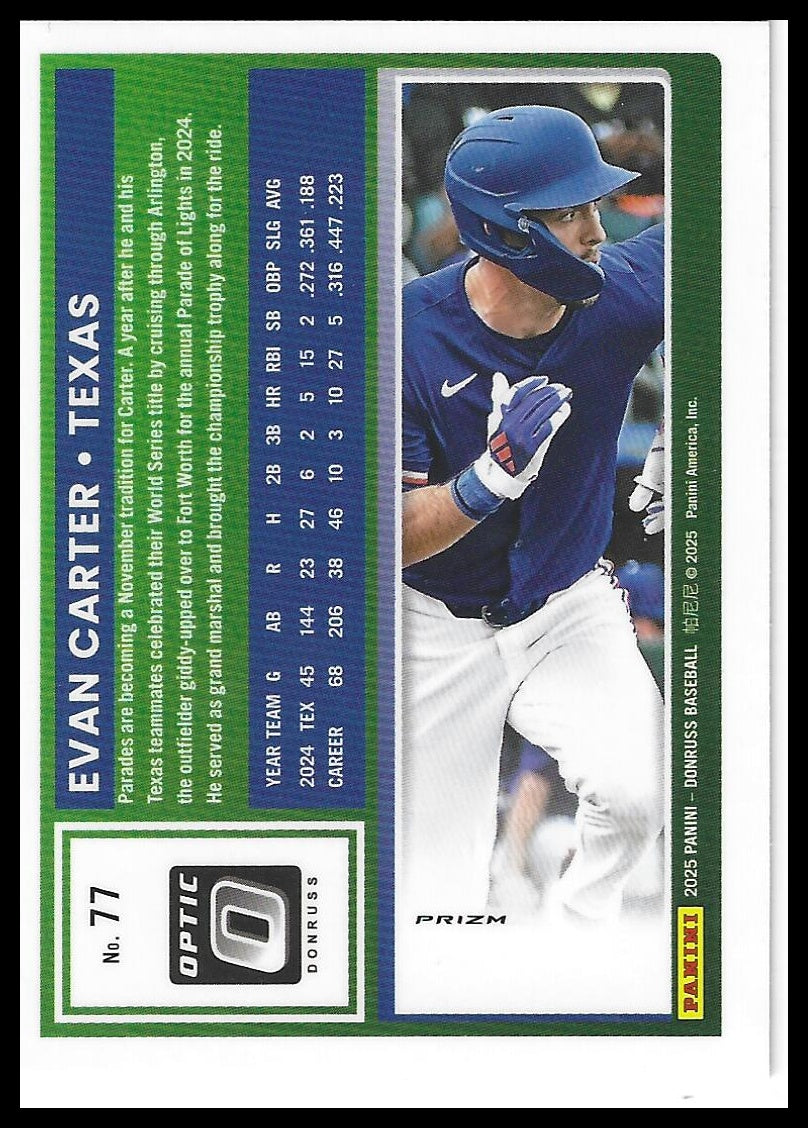 2025 Donruss #77 Evan Carter Optic Blue Velocity