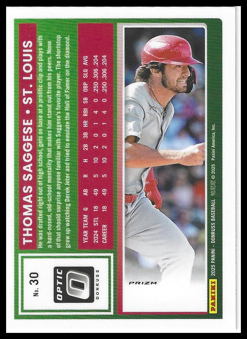 2025 Donruss #30 Thomas Saggese Optic Blue Velocity