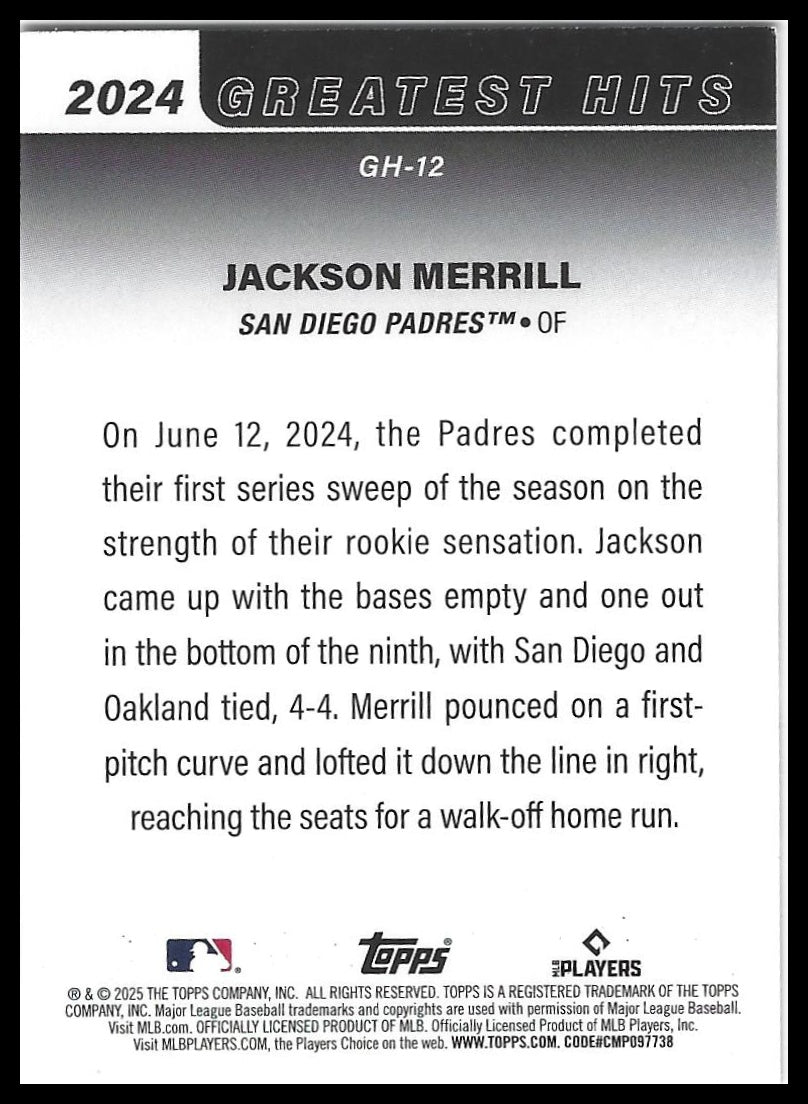 2025 Topps #GH-12 Jackson Merrill 2024 Greatest Hits