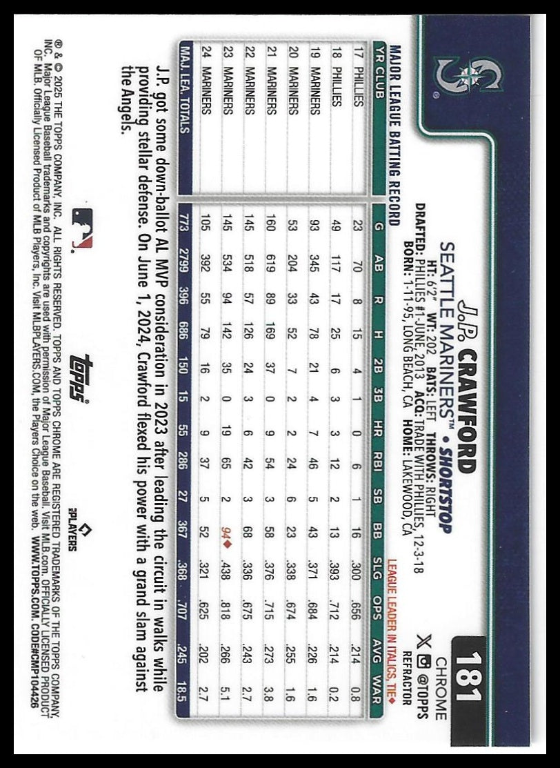 2025 Topps Chrome #181 J.P. Crawford Refractors