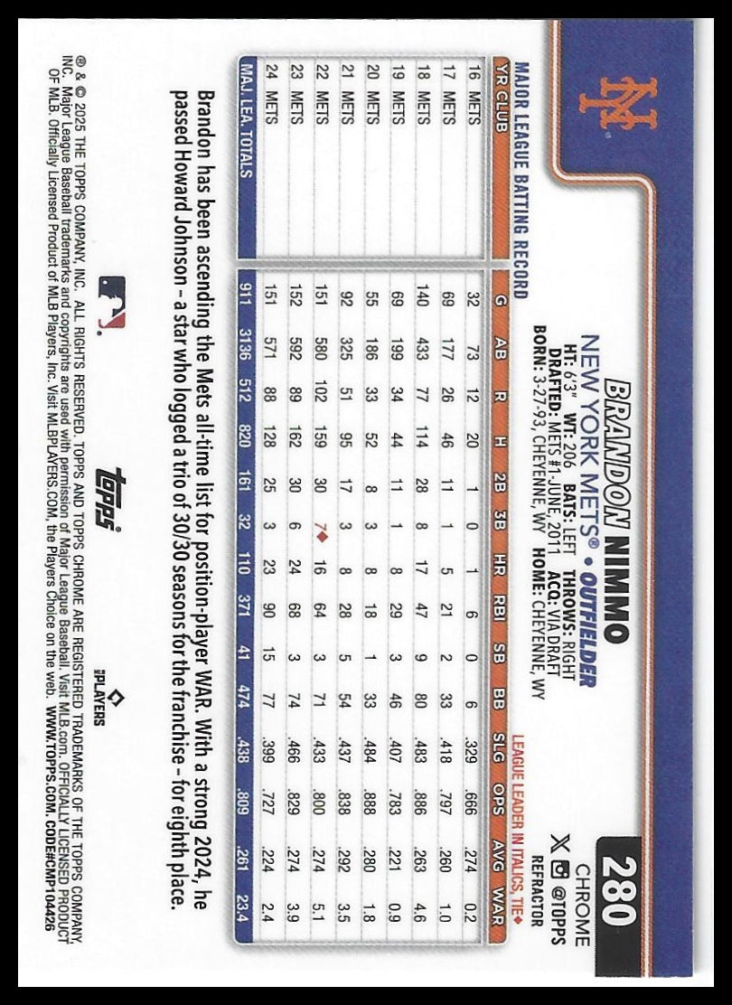 2025 Topps Chrome #280 Brandon Nimmo Refractors