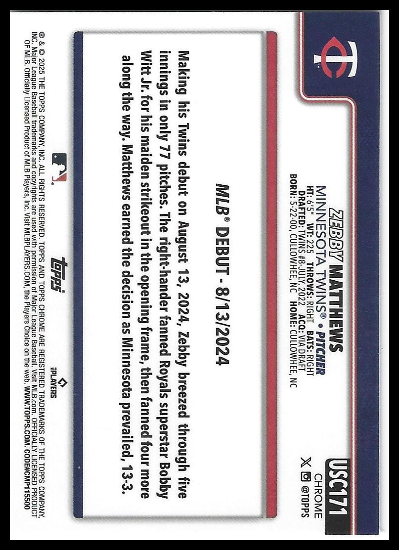 2025 Topps Chrome Update #USC171 Zebby Matthews X-Fractors