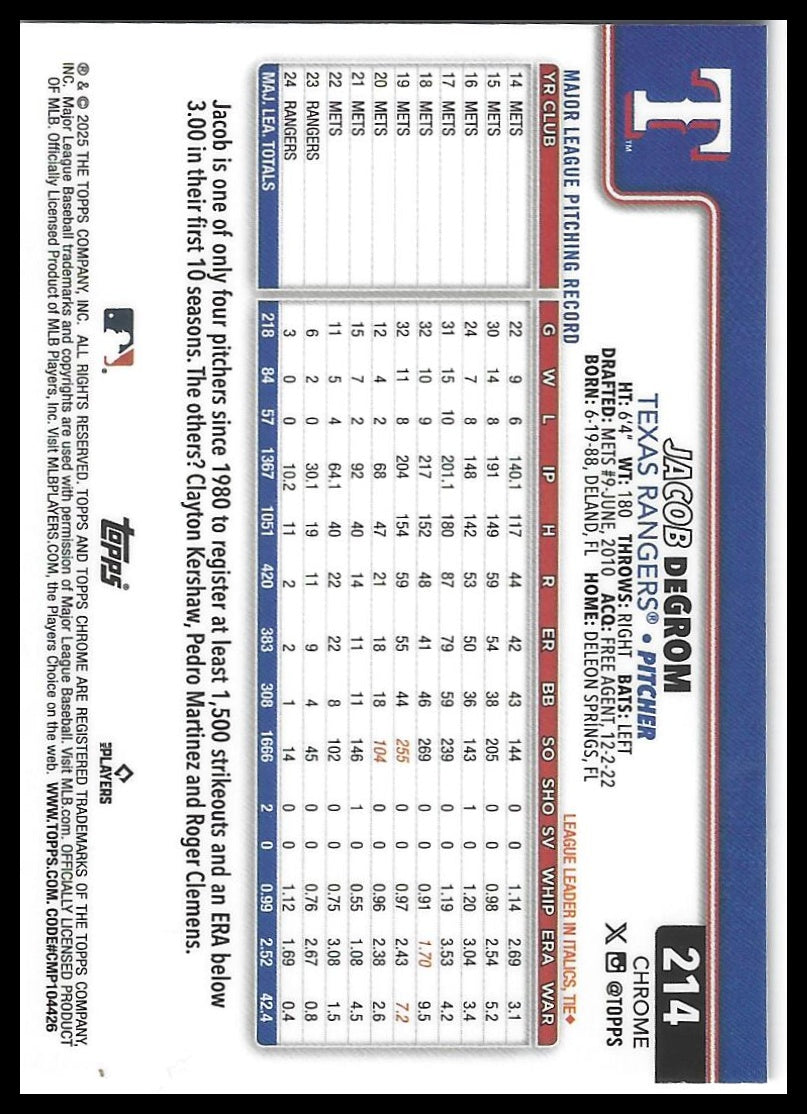 2025 Topps Chrome #214 Jacob deGrom Sepia Refractors