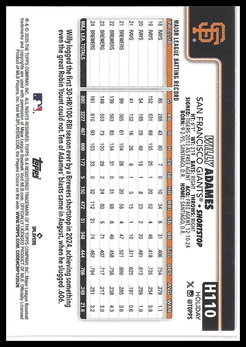 2025 Topps Holiday #H110 Willy Adames Gold Holiday Lights