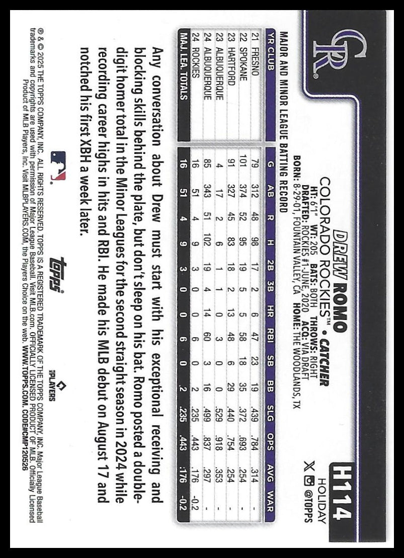 2025 Topps Holiday #H114 Drew Romo Gold Holiday Lights
