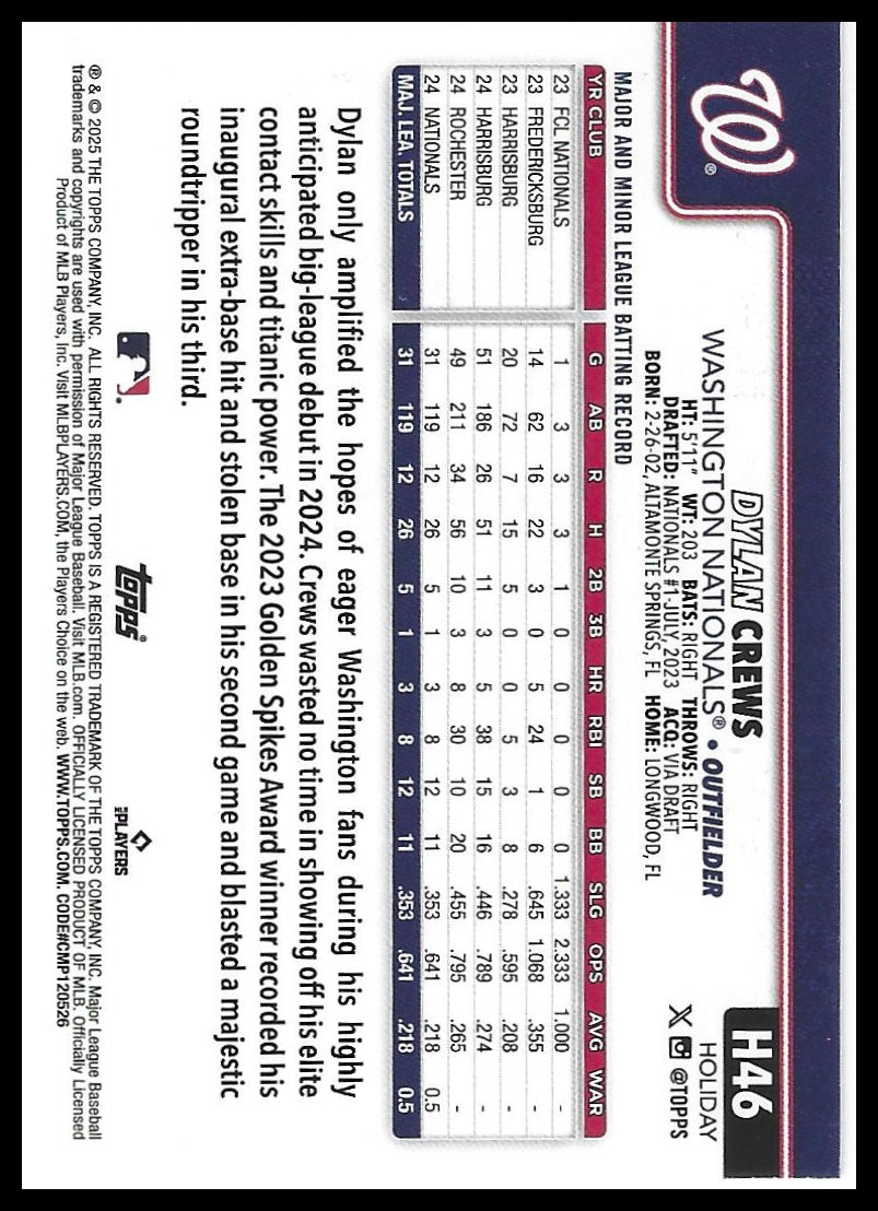 2025 Topps Holiday #H46 Dylan Crews Silver Glitter Holiday