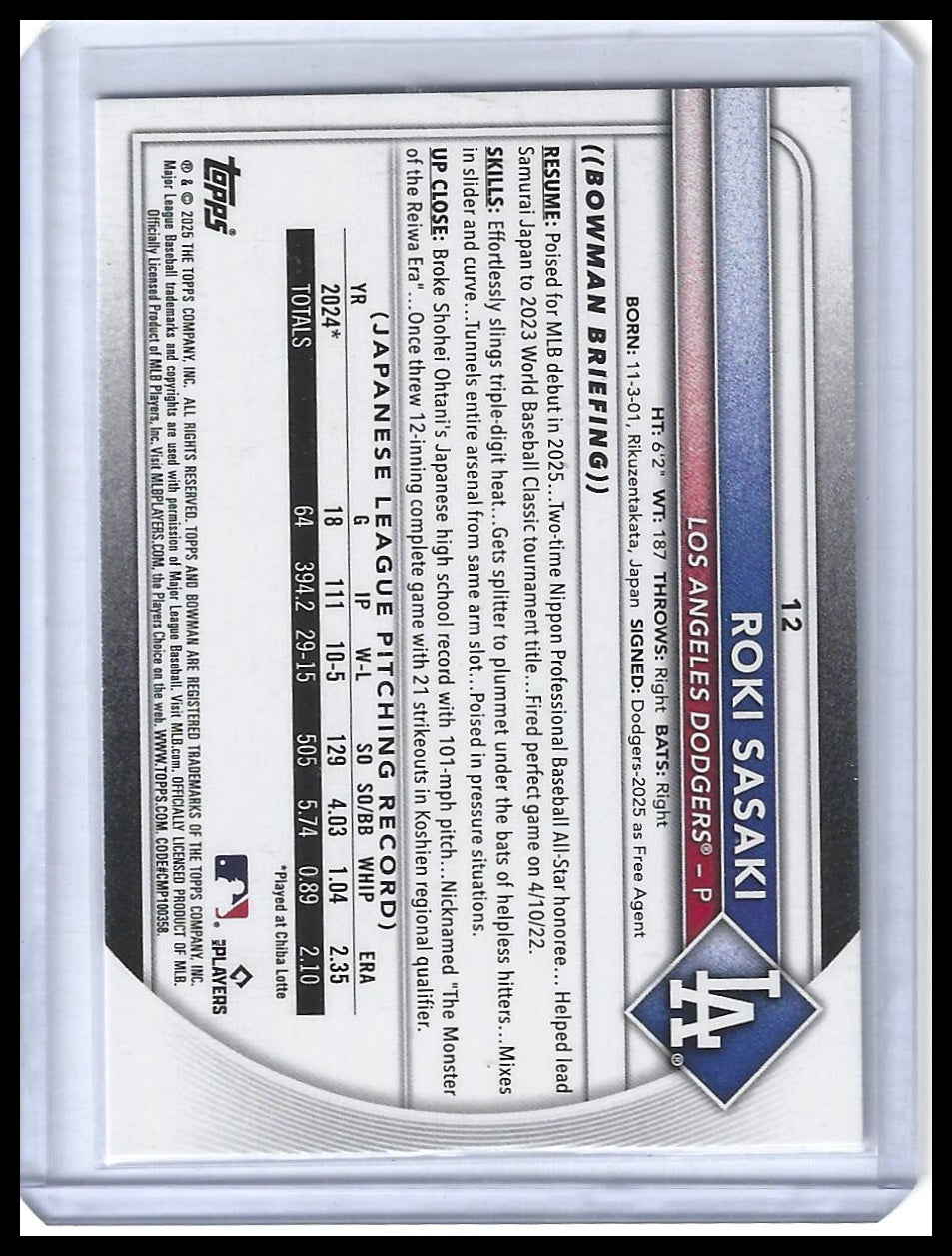 2025 Bowman #12 Roki Sasaki