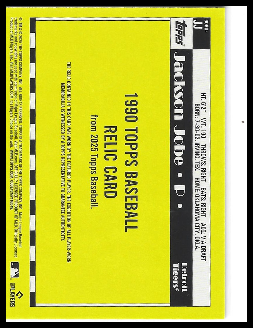 2025 Topps Update #90RU-JJ Jackson Jobe 1990 35th Anniversary Relics