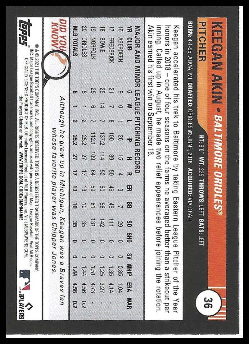 2021 Topps Big League #36 Keegan Akin Electric Blue
