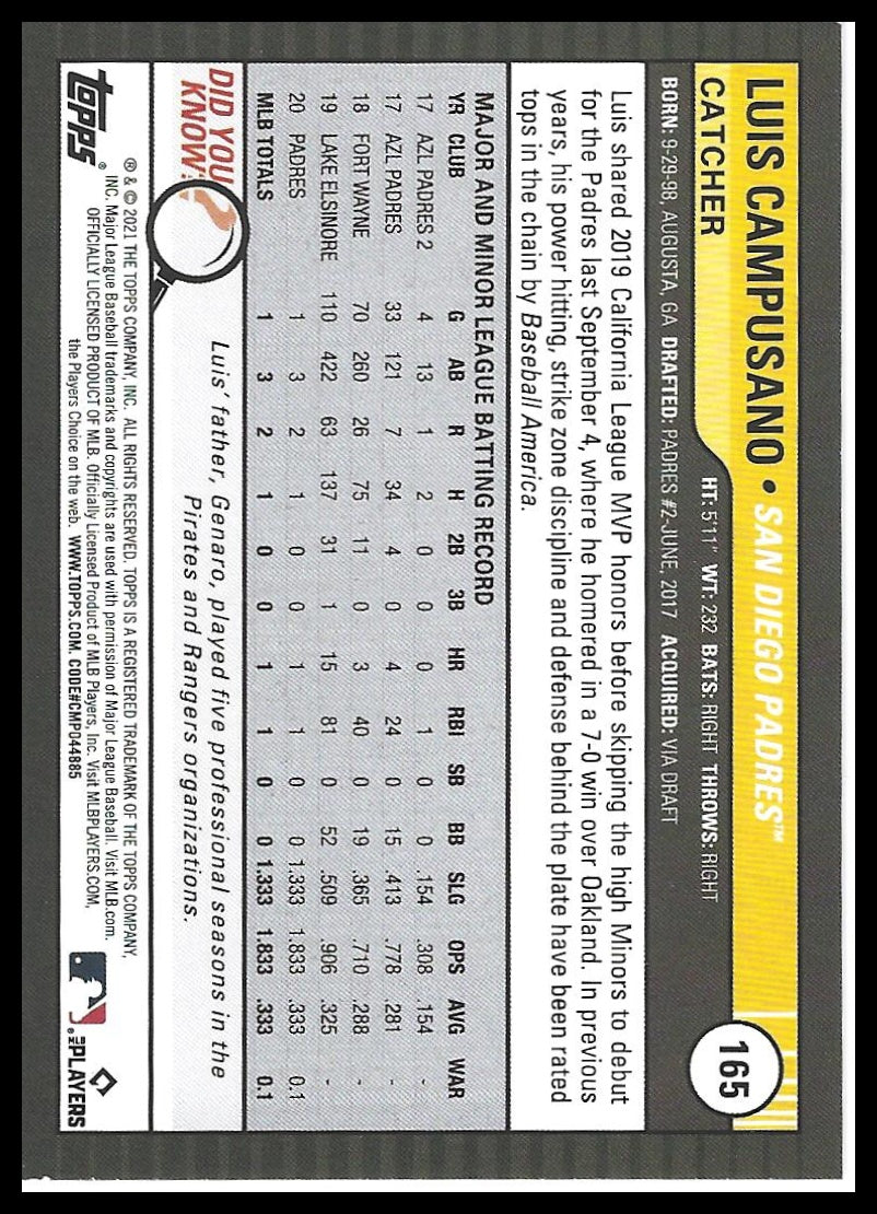 2021 Topps Big League #165 Luis Campusano Electric Blue