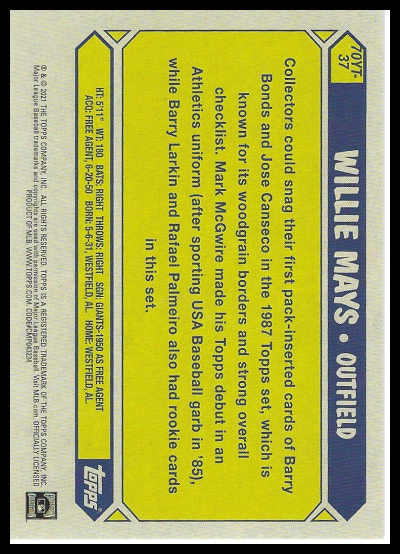 2021 Topps #70YT-37 Willie Mays 70 Years of Topps Baseball (Series 1)