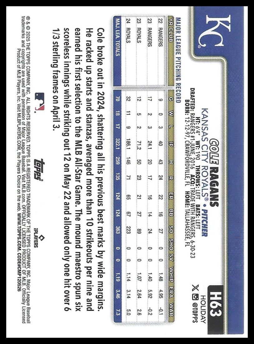 2025 Topps Holiday #H63 Cole Ragans Gold Holiday Lights