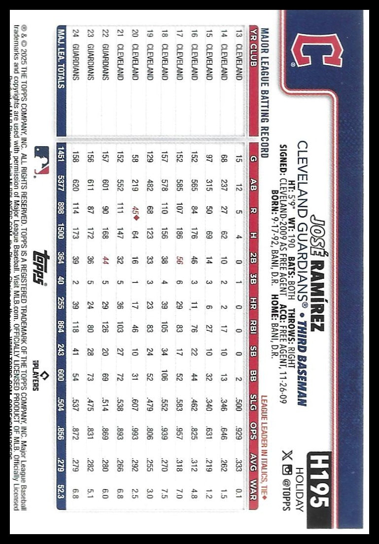 2025 Topps Holiday #H195 José Ramírez Blue Metallic Holiday Lights