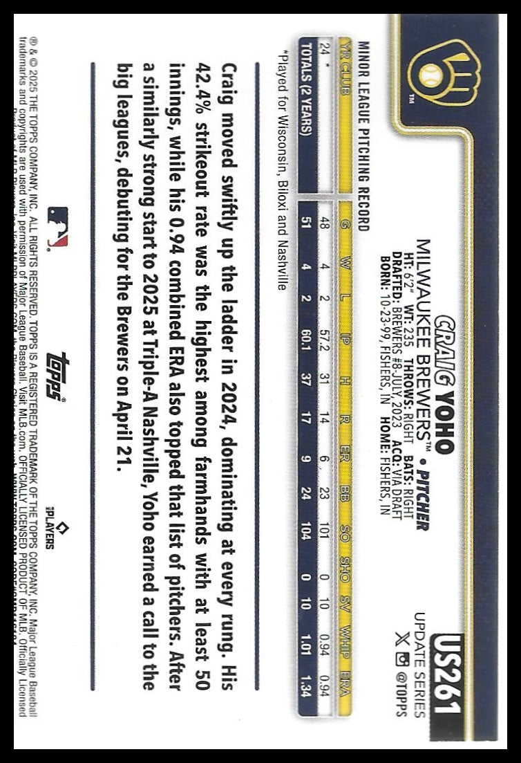 2025 Topps Update #US261 Craig Yoho Diamante Foil