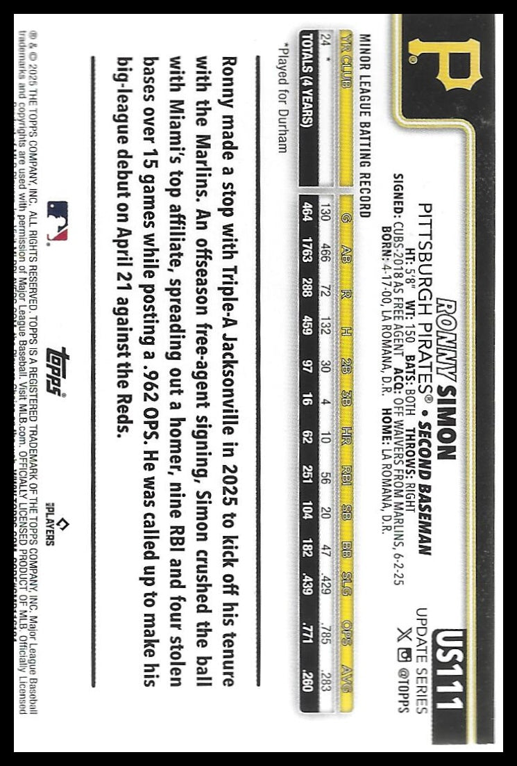 2025 Topps Update #US111 Ronny Simon Diamante Foil