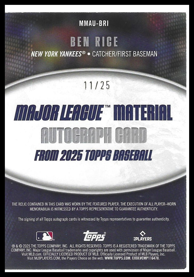 2025 Topps #MMAU-BRI Ben Rice ML Material Autographs Orange #/25 Rookie